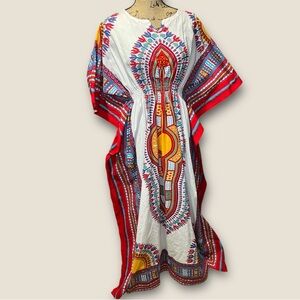 Dashiki Kaftan Maxi Long Dress Resort Vacation Red White Gold Cotton